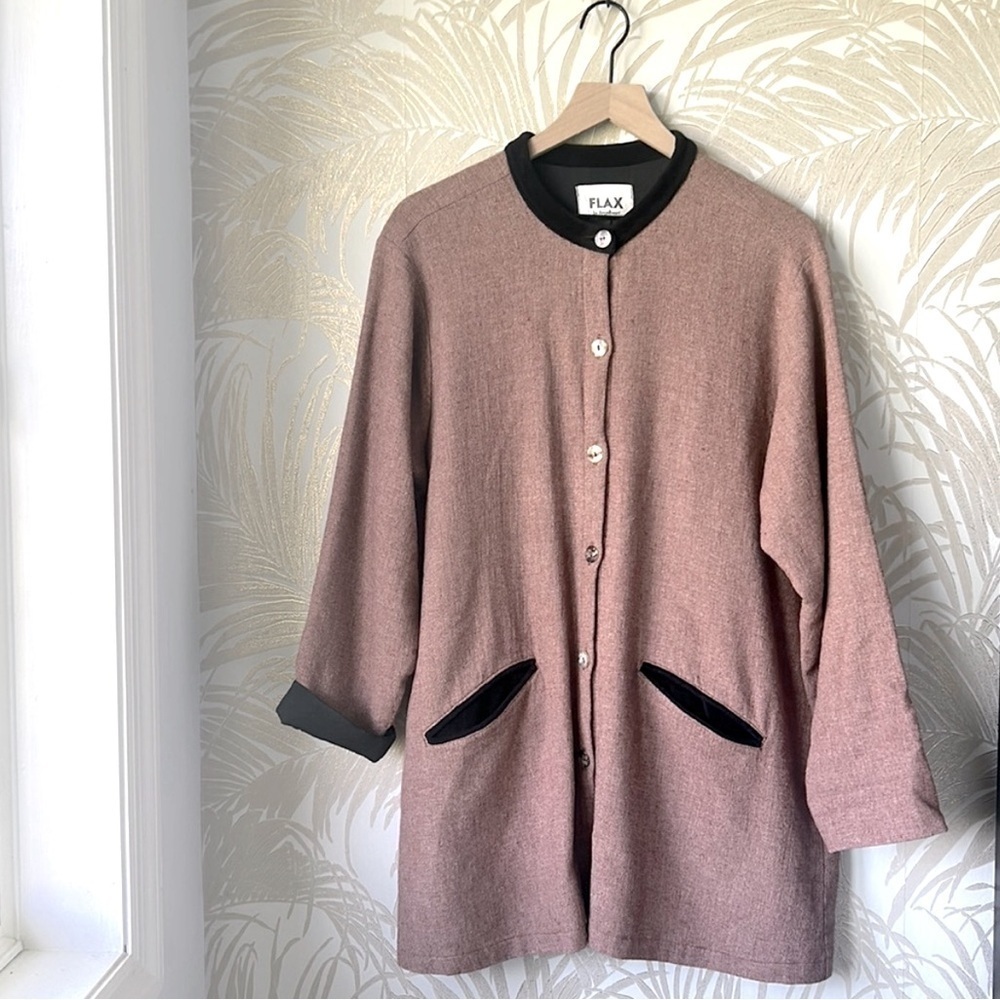 FLAX by Angelheart Vintage Swing Coat Brown Black Trim Shell Buttons M Lagenlook
